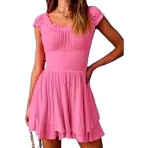Skylar Rose Pink Smocked‎ Ruffle Trim Flowy Cap Sleeve Romper Size M Feminine